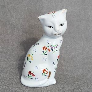 Vintage Cat Figurine Floral Painted Accent Gold Accents Formalities